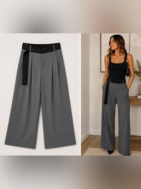 DECIVI Gray Wide Leg Trouser Pants Small Black Belt Waist Quiet Luxury NWT